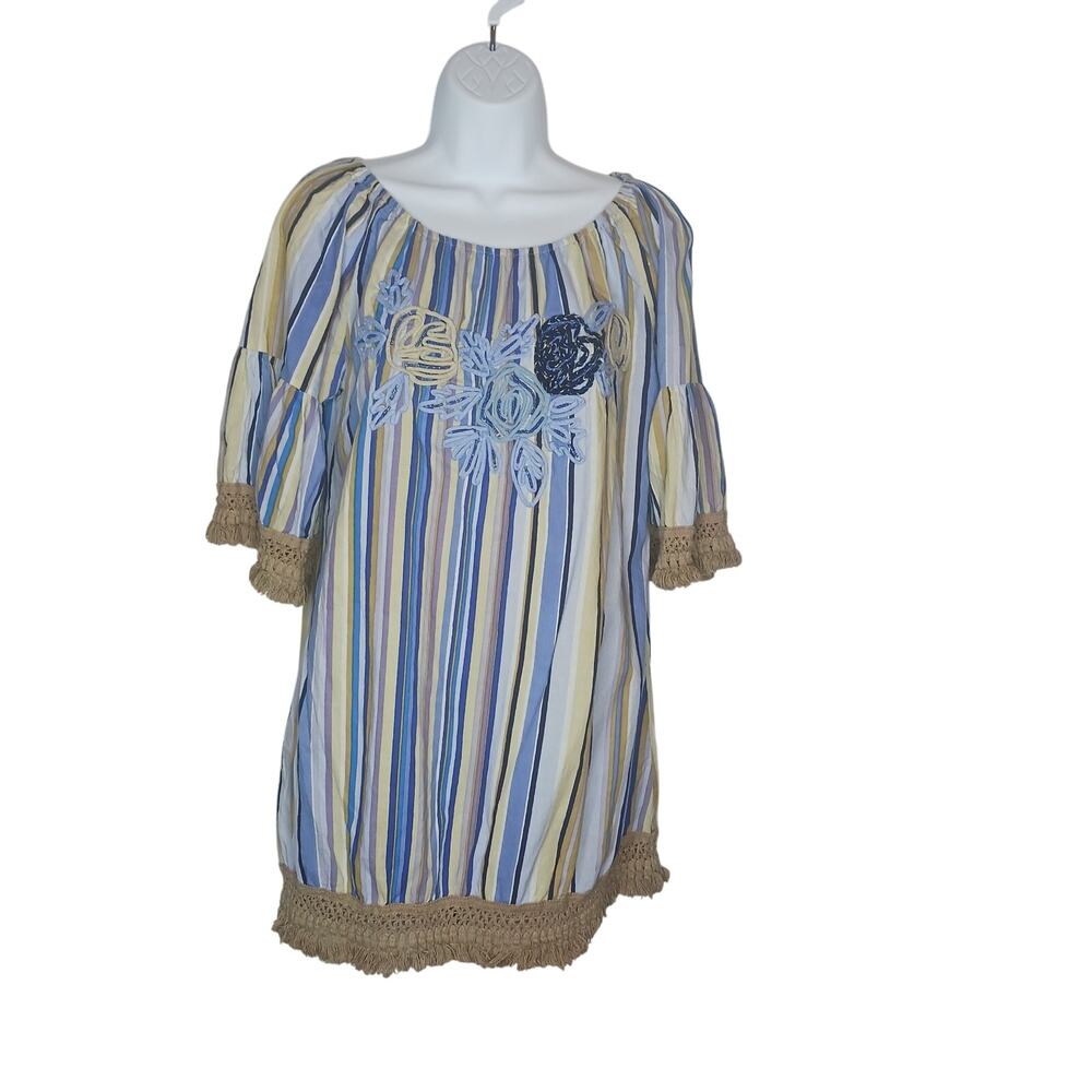 Striped Embroidered Peasant Style Tunic Top Size Large